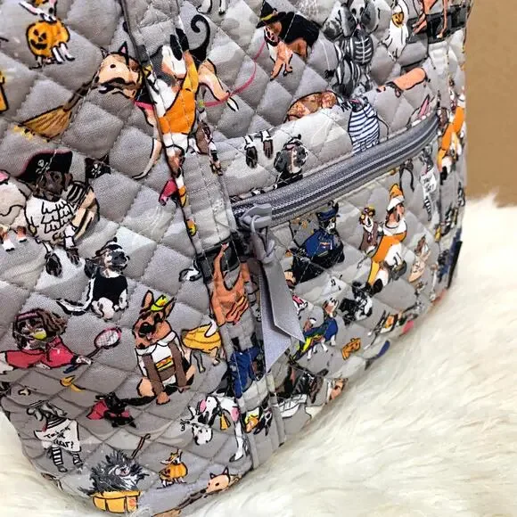 VERA BRADLEY Rare Gray Multi HOWL-O-WEEN Halloween Dogs Zip Top Cotton VERA Tote - Picture 3 of 16